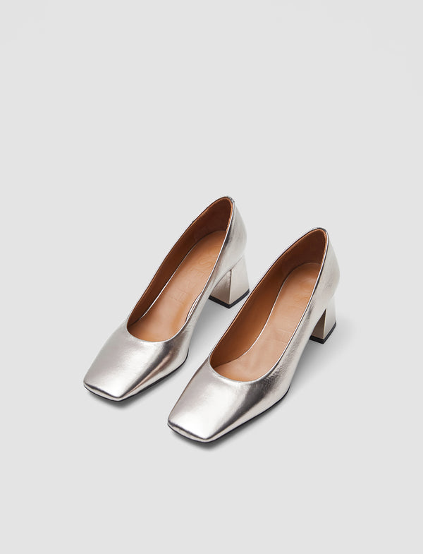 Joseph Heeled Metallic Leather Shoes Gunmetal