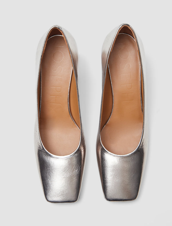 Joseph Heeled Metallic Leather Shoes Gunmetal