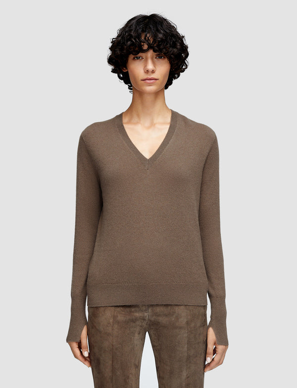 Joseph Light Pure Cashmere V Neck Jumper Mushroom