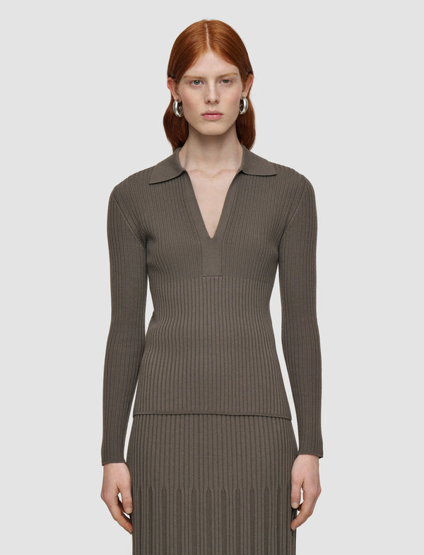 Joseph Merino Rib Knit Polo Top Mushroom