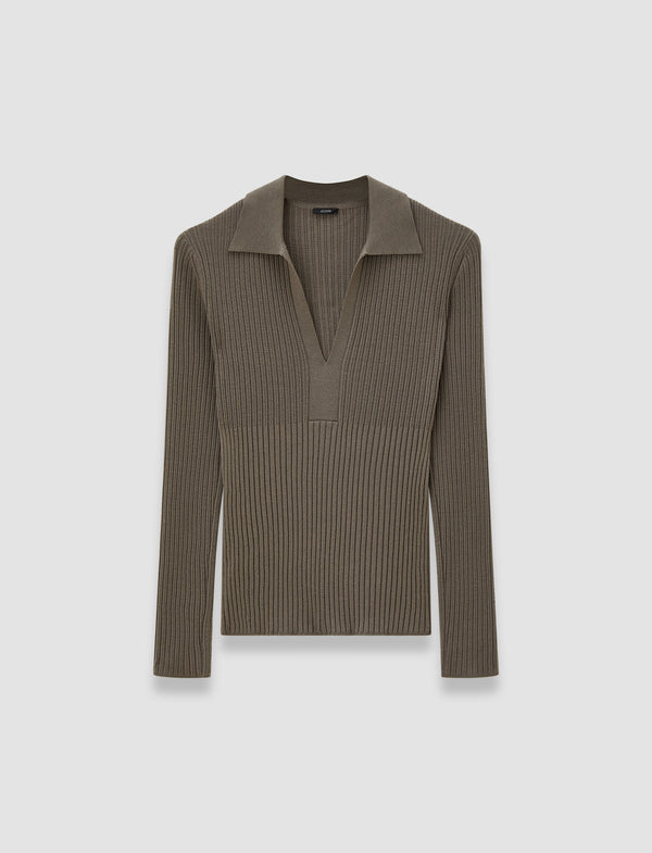 joseph Merino Rib Knit Polo Top Mushroom