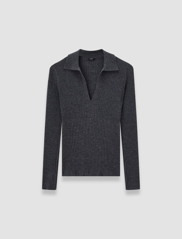 joseph Merino Rib Knit Polo Top Smoke