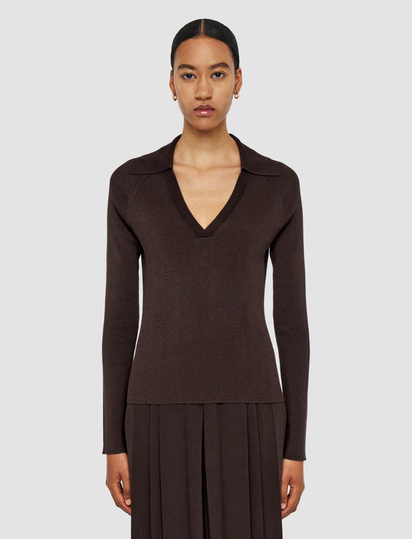 Joseph Satiny Rib Knit Polo Top Ebony