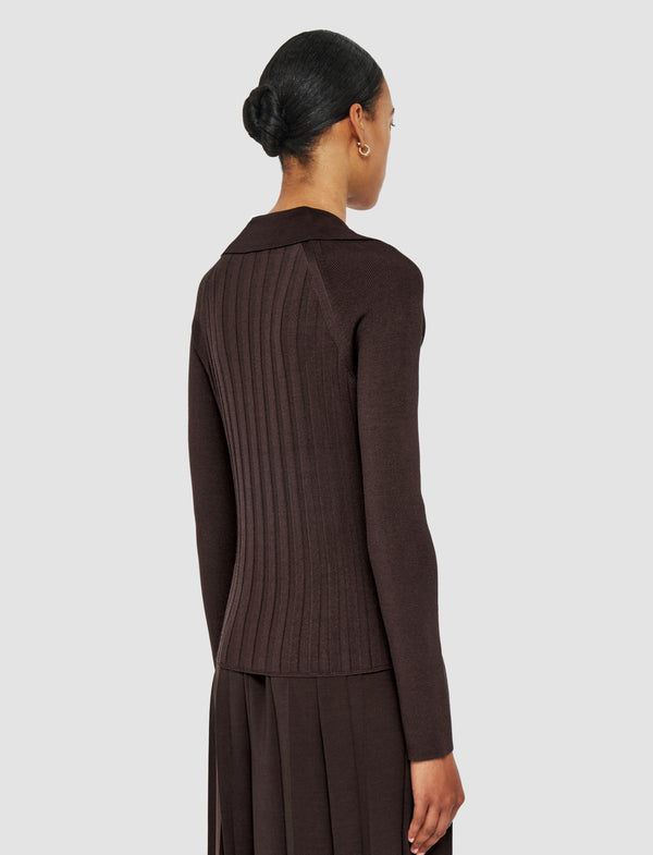 Joseph Satiny Rib Knit Polo Top Ebony