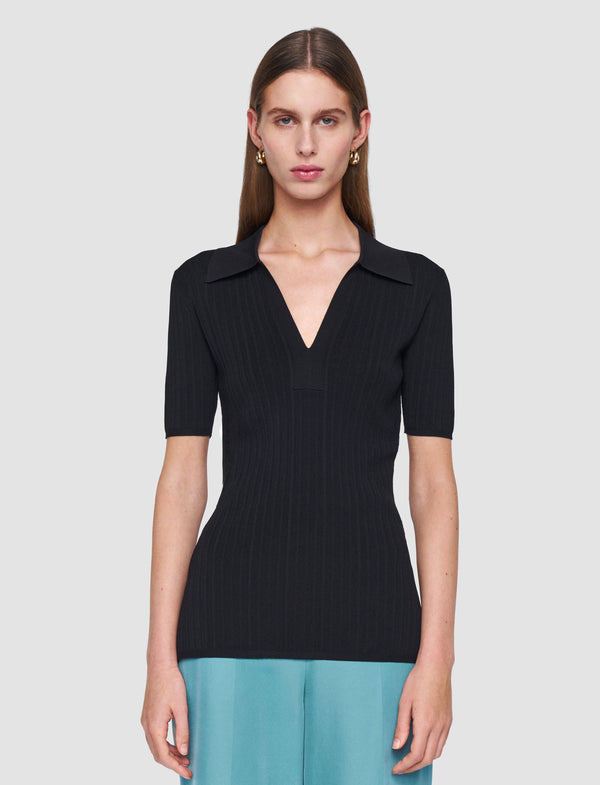 Joseph Viscose Rib Knit Polo Top Black