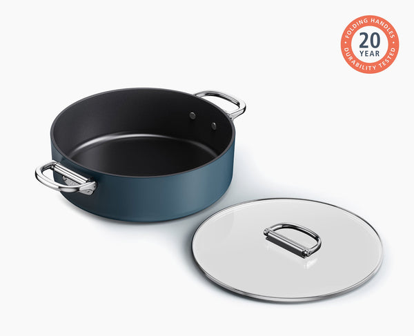 Joseph Joseph Space Folding Handle Ceramic Non-stick 5 Qt. Blue Shallow Casserole Pan & Lid