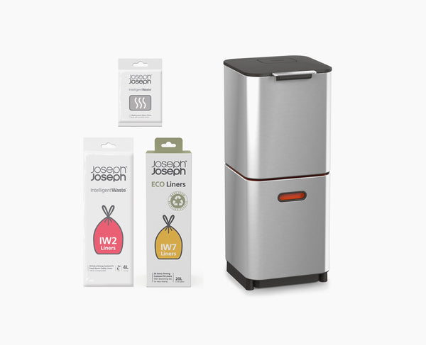 joseph joseph Totem Compact 40L Stainless-steel Waste & Recycling Trash Can Starter Set