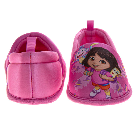 Josmo Dora The Explorer Girls Slippers - Plush Non-Slip Comfy Fluffy Lightweight Warm Comfort Soft Aline Indoor House Slippers (Toddler)