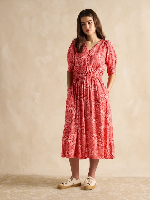 Joules Adele Red V-Neck Elbow Length Sleeve Midi Dress