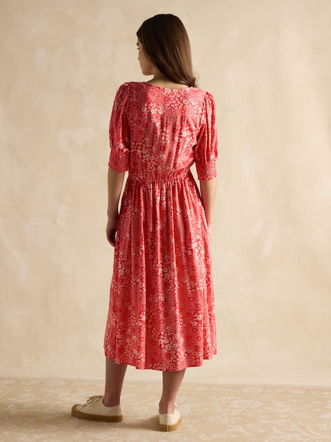 Joules Adele Red V-Neck Elbow Length Sleeve Midi Dress