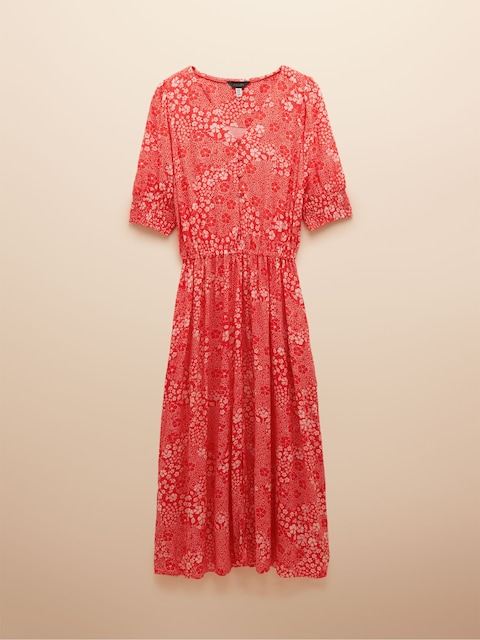 joules Adele Red V-Neck Elbow Length Sleeve Midi Dress