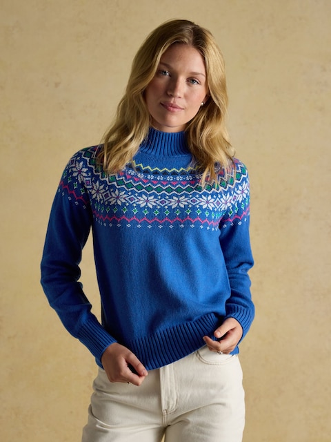 Joules Alba Blue Fairisle High Neck Cotton-Blend Jumper