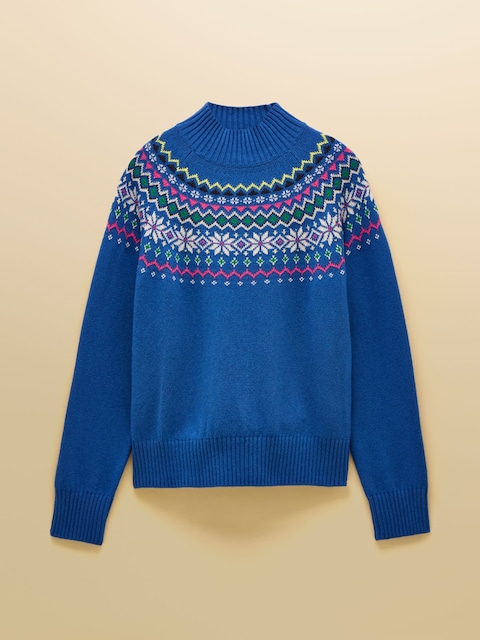 joules Alba Blue Fairisle High Neck Cotton-Blend Jumper