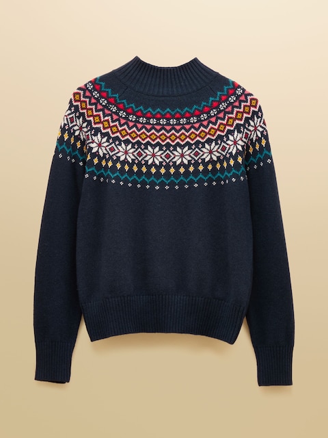 joules Alba Navy Fairisle High Neck Cotton-Blend Jumper