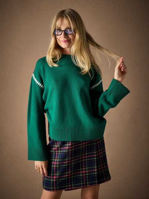 Joules Alexandra Green Blanket Stitch Jumper With Round Neck