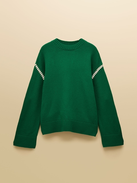 joules Alexandra Green Blanket Stitch Jumper with Round Neck