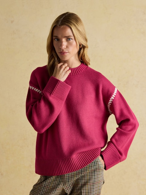 Joules Alexandra Pink Blanket Stitch Jumper With Round Neck