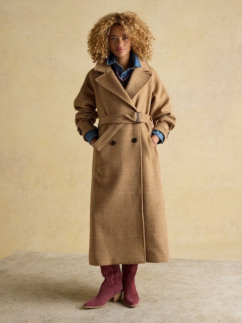 Joules Amberley Tan Brown Longline Wool Blend Coat With Belt