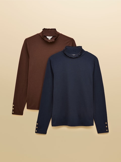 Joules Amy 2 Pack Tan/Navy Long Sleeve High Neck Jersey Top - Two Pack