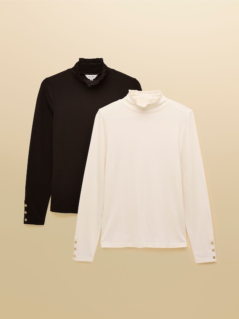 Joules Amy Black/Cream Long Sleeve High Neck Jersey Top - Two Pack