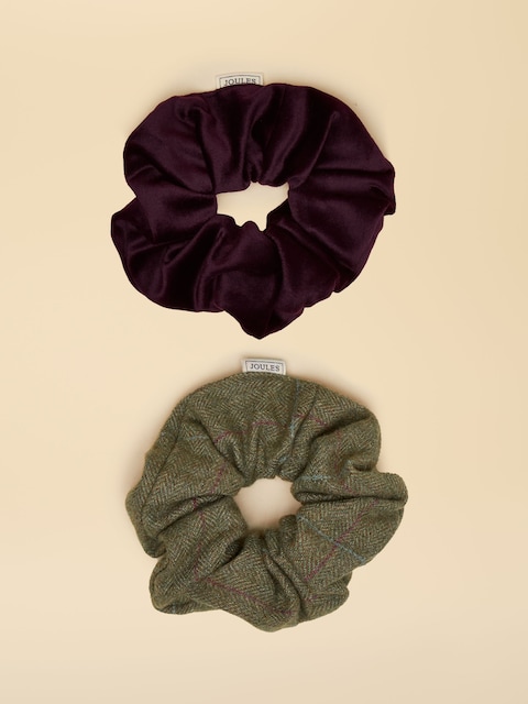 Joules Annika Green Tweed / Burgundy Velvet Scrunchie Pack Of Two