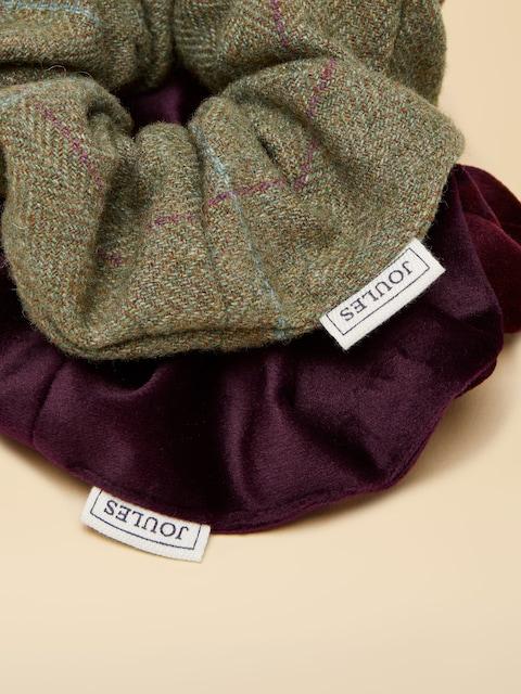 joules Annika Green Tweed / Burgundy Velvet Scrunchie Pack of Two