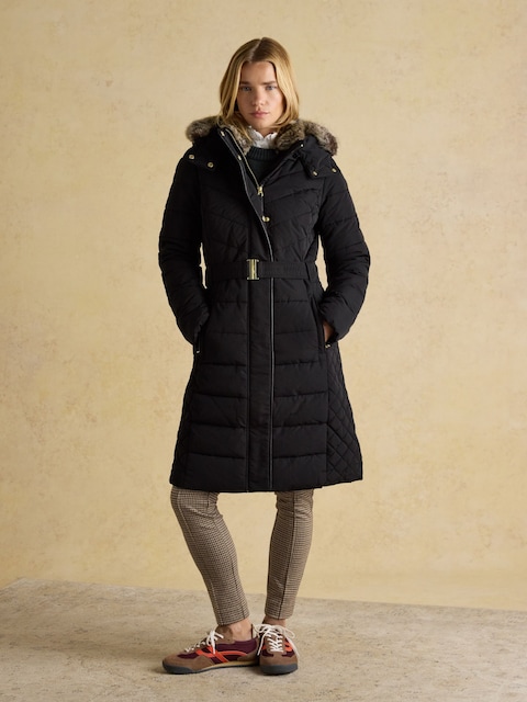 Joules Aspen Black Showerproof Longline Padded Coat With Faux Fur Hood