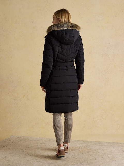 Joules Aspen Black Showerproof Longline Padded Coat With Faux Fur Hood