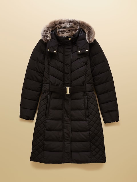 joules Aspen Black Showerproof Longline Padded Coat with Faux Fur Hood