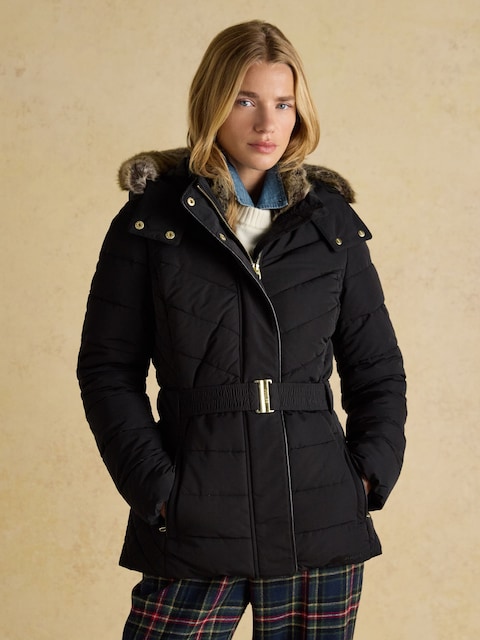 Joules Aspen Black Showerproof Padded Coat With Faux Fur Hood