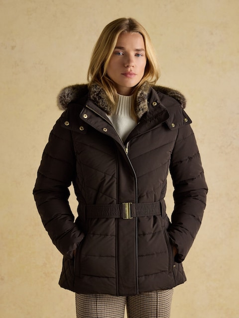 Joules Aspen Brown Showerproof Padded Coat With Faux Fur Hood