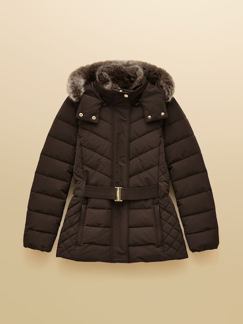 joules Aspen Brown Showerproof Padded Coat with Faux Fur Hood