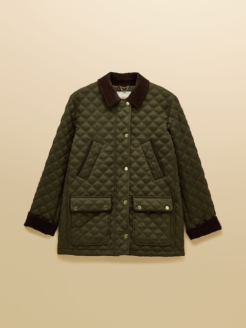 joules Beatrix Khaki Green Showerproof Diamond Quilted Coat