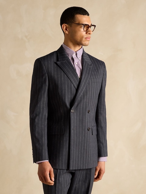 Joules Black Double Breasted Slim Fit Linen Stripe Suit