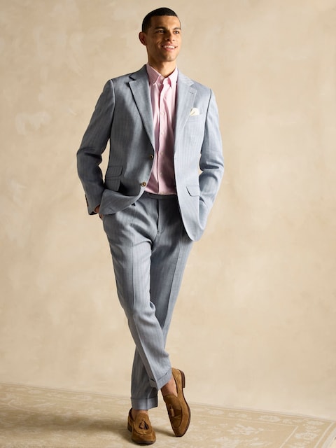 Joules Blue Slim Fit Linen Herringbone Suit Trousers