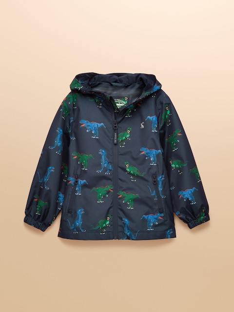 Joules Boys' Rainwell Navy Dino Waterproof Raincoat With Hood