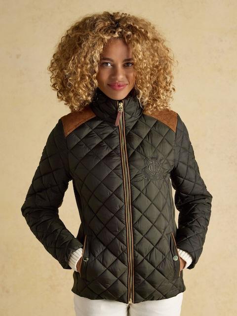 Joules Braemar Luxe Khaki Green Showerproof Diamond Quilted Coat