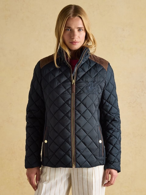 Joules Braemar Luxe Navy Blue Showerproof Diamond Quilted Coat
