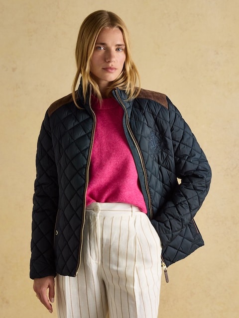 Joules Braemar Luxe Navy Blue Showerproof Diamond Quilted Coat