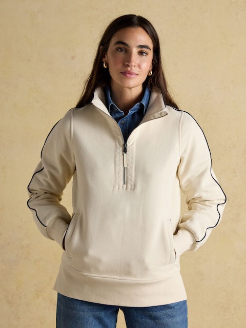 Joules Bronte Cream Funnel Neck Quarter Zip Cotton Sweatshirt