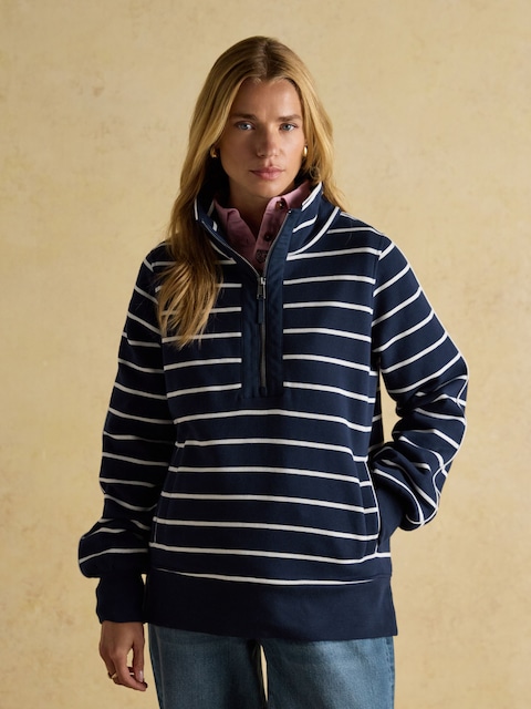 Joules Bronte Navy Stripe Funnel Neck Quarter Zip Cotton Sweatshirt