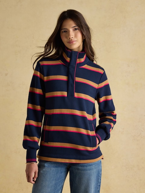 Joules Burnham Navy/Tan Stripe Premium Brushed Cotton Funnel Neck Quarter Zip Sweatshirt