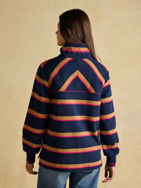 Joules Burnham Navy/Tan Stripe Premium Brushed Cotton Funnel Neck Quarter Zip Sweatshirt