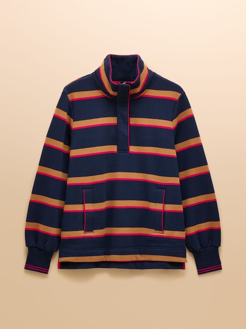 joules Burnham Navy/Tan Stripe Premium Brushed Cotton Funnel Neck Quarter Zip Sweatshirt