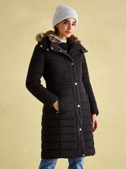 Joules Cherington Black Showerproof Longline Padded Coat With Faux Fur Hood