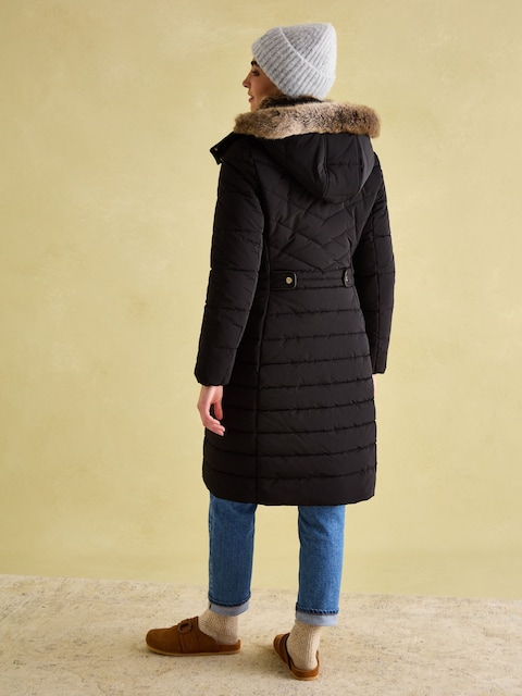 Joules Cherington Black Showerproof Longline Padded Coat With Faux Fur Hood