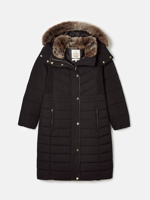 joules Cherington Black Showerproof Longline Padded Coat with Faux Fur Hood