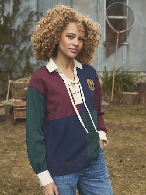 Joules Claremont Multi 100% Cotton Harlequin Lace Up Rugby Shirt