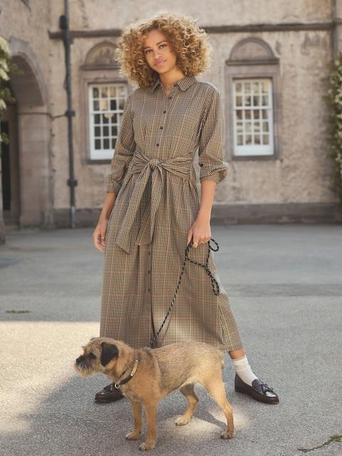 Joules Clarice Brown Check Knot Waist Midi Dress With Button Fastening And Collar