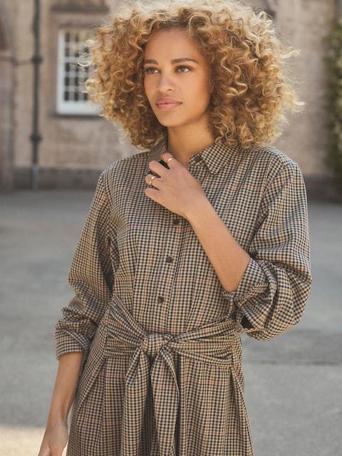 Joules Clarice Brown Check Knot Waist Midi Dress With Button Fastening And Collar